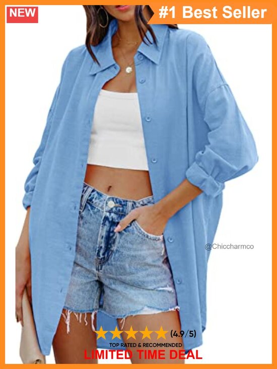 Tops - Oversized Button Down Shirt Long Sleeve Collared Blouse with Pockets